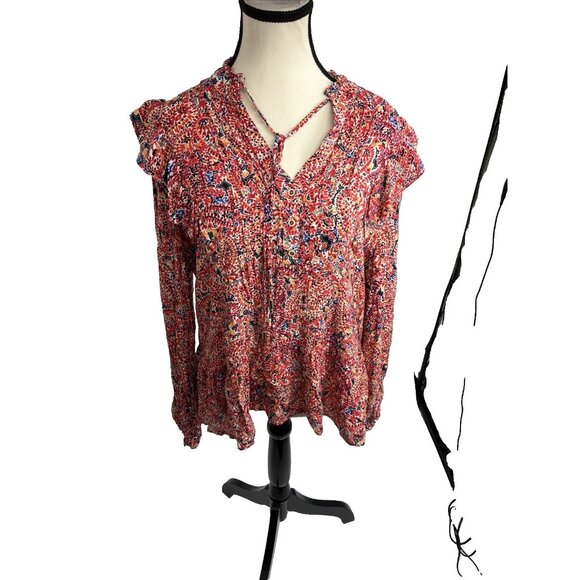 Democracy Womens Size L Floral Boho Peasant Blouse Ruffle Sleeve Tie Neck - Picture 1 of 7